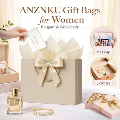ANZNKU 2PCS Gift Bags Medium with Handles 4 Tissue Paper 2 Ribbons 2 Cards, Gift Wrap Bags for Women Wedding Bridal Baby Shower Birthday Graduation Engagement Presents Party Favors (Champagne Beige) - color: Champagne Beige