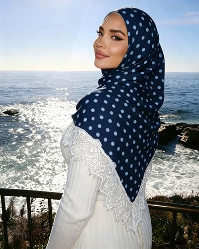 JUMISEE Elegant Floral Lace Hijab Scarf for Women Soft Cotton Head Wrap Instant Hijab Long Scarves Evening Dress Shawl - color: Navy Blue Polka Dot