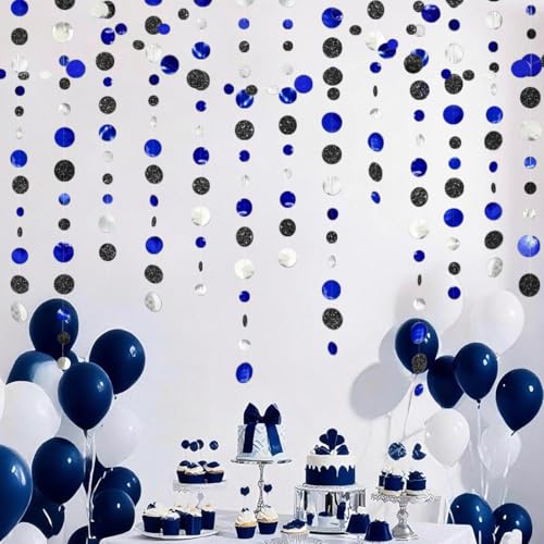 Glitter Blue Black Silver Circle Dots Paper Garland Blue Black and Silver Circle Dot Streamer 40 Feet Polka Dot Hanging Banner Backdrop for Birthday Wedding Baby Shower Graduation Party Decorations - color: Blue Black Silver