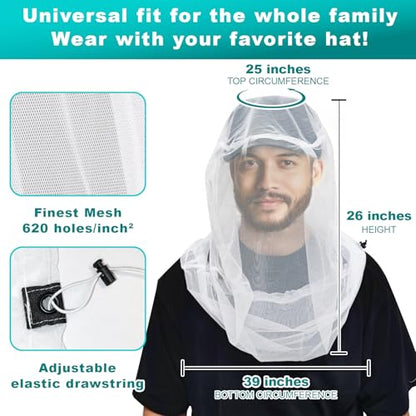 South to East Premium Mosquito Head Net for Insect 2 Pack, Fly & Bug Protection | Ultra Large & Long, Extra Fine Holes for Camping, Hiking, Fishing, Gardening, Safari, Fits All Hats for Men & Women - color: White