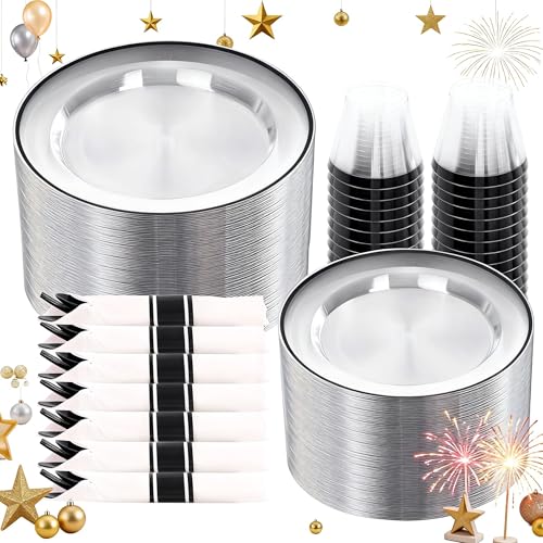 SUT 350 Pcs Black and Clear Plastic Dinnerware Set for 50 Guests, Include: 50 Dinner Plates, 50 Dessert Plates, 50 Pre Rolled Napkins With Silverware, 50 Cups, Disposable Plates for Party - color: Clear Black, size: 350PCS