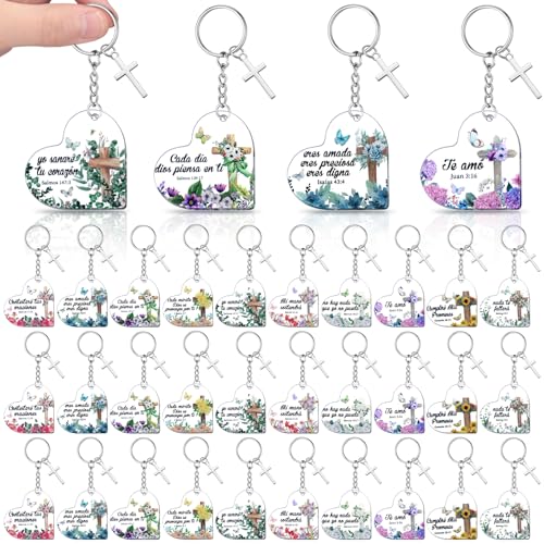 Sureio 60 Pcs Spanish Christian Keychain Gift Bulk Women Religious Cross Inspirational Bible Verse Acrylic Keychains Llaveros Cristianos En Español for Church Member Teacher Student (Heart) - style: Heart