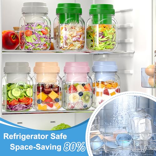 [UPGRADE] 2 Pack Salad Jars with Silicone Dressing Cup, 32 Oz Salad Container for Lunch Meal Prep w Foldable Fork, Separation Divider for Dry Food & Wet Sauce, Salad Pod On The Go for Overnight Oats