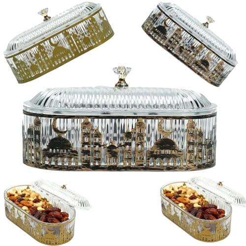 Ramadan Tray for Dates and Sweets - Gold Metal Eid Mubarak Serving Tray with Clear Lid - Elegant Islamic Mosque & Moon Decor - Decorative Snack Candy Platter for Iftar, Eid al-Fitr, & Muslim (B-1) - color: B-1