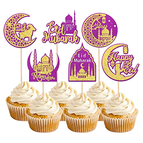 24 PCS Eid Mubarak Cupcake Toppers Glitter Happy Eid Moon Ramadan Kareem Cupcake Picks Decorations for Eid Islamic Muslim Theme Party Cake Decoration Supplies Gold Purple - color: Design 2 Purple + Gold