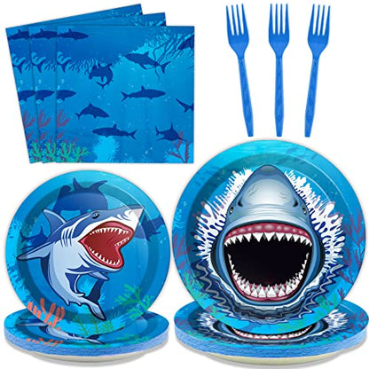 24 Guests Shark Theme Party Decorations Under the Sea Party Tableware Set Shark Baby Shower Plates Napkins and Forks Ocean Birthday Table Decorations Supplies 96Pcs - style: Shark