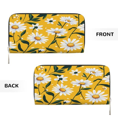 Daisies On Yellow Background PU Leather Long Wallet for Women Men, Zipper Clutch Wallet RFID Card Holder Organizer - color: Daisies On Yellow Background