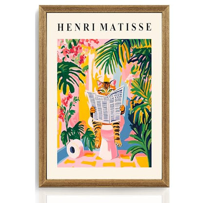 ICHZUMW Framed Funny Tabby Cat Matisse Canvas Bathroom Wall Art, 16x24 In - color: Matisse Reader, size: 24"L x 16"W