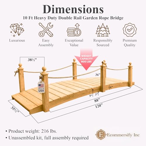 10 FT Oak Amish Rope Rail Garden Bridge, Pinewood - size: 10 FT Bridge & Rope