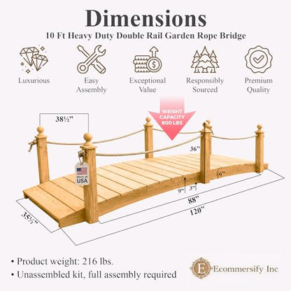 10 FT Oak Amish Rope Rail Garden Bridge, Pinewood - size: 10 FT Bridge & Rope