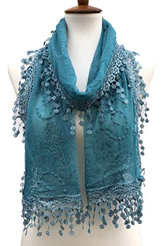 Cindy & Wendy Lightweight Soft Leaf Lace Fringe Scarf Bridal Shawl for Women - color: Tyh-aqua