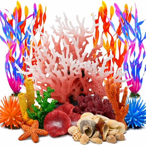 35PCS Coral Reef Aquarium Decorations Set, Ocean Style Aquarium Decor with Artificial Coral, Plants, Seashells, Anemones and Starfish for Freshwater, Saltwater and Tropical Fish Tanks
