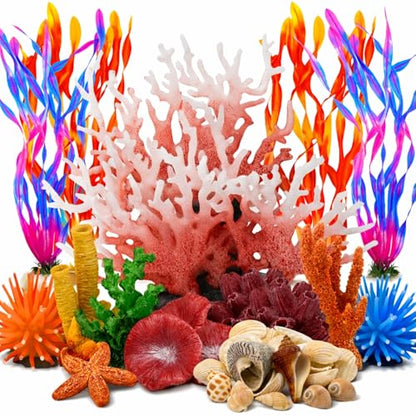 35PCS Coral Reef Aquarium Decorations Set, Ocean Style Aquarium Decor with Artificial Coral, Plants, Seashells, Anemones and Starfish for Freshwater, Saltwater and Tropical Fish Tanks