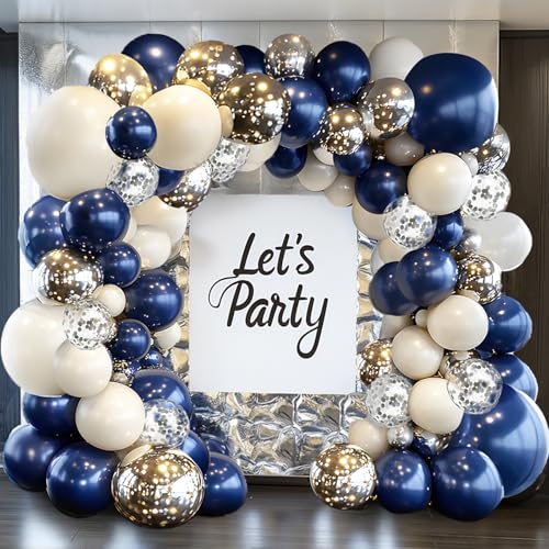 Navy Blue Silver Balloons Arch Kit, Double Stuffed Pearl White Royal Dark Blue Silver Chrome with Confetti Balloons Garland Kit for Birthday Wedding Graduation Father's Day Decorations - color: Navy Blue Silver