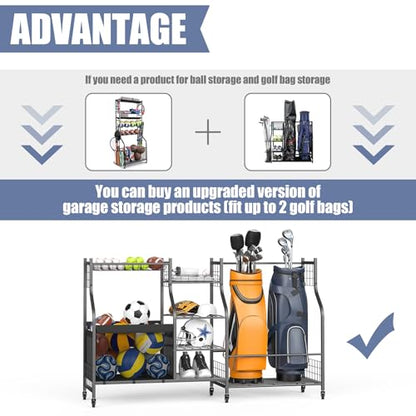 WALMANN Golf Bag Storage Rack with Wheels, Rolling Sports Equipment Organizer, Large Capacity Garage Storage Cart for Balls, Golf Bags - style: Rolling Stand for 2 Bags