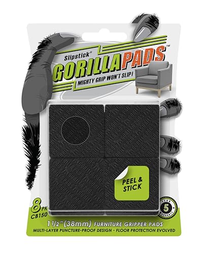 Slipstick GorillaPads CB150 Non Slip Furniture Pads/Rubber Grips (Set of 8) Self Adhesive Furniture Feet Floor Protectors, 1-1/2 inch Square, Black - size: 1-1/2" Square