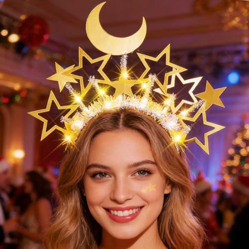 Yean Light Up Gold Moon Star Headband for Women (Gold-Warm Light, One Size) | New Years Star Headband Costume Party Hair Accessories