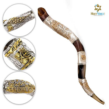Holy Voice Sterling Silver-Plated 36"-39" Jerusalem Shofar Horn from Israel with Stand, Carrying Bag and Cleaning Brush – Made in Israel - color: Jerusalem, size: 36"-39"