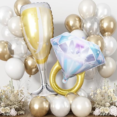 White Gold Balloons with 37inch Foil Diamond Ring Champagne Glass Balloons, Metallic Gold Pearl Sand White Clear Balloon for Wedding Engagement Bridal Baby Shower Anniversary Birthday Decorations - color: Pearl Sand White Gold Clear