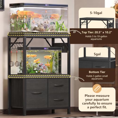Heybly 5-10 Gallon Fish Tank Stand, Aquarium Stand with Drawer, Power Outlet, Heavy Duty Metal Frame, for Fish Tank, Turtle & Reptile Terrarium, 20.5" × 10.2" Top, 200lbs, Black HAS002SBK-1 - color: Black, size: 5-10 gal