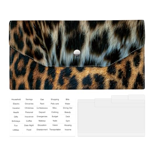 Cash Wallet & Money Envelopes for Cash, Reusable Leather Money Saving Envelop with Snap Closure and 4 Dividers & 1 Category Stickers, Cute Envelop Wallet for Women and Men Classic Leopard - color: Classic Leopard