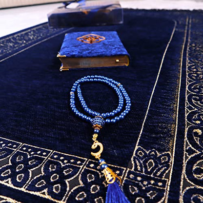 IEF Personalized Prayer Rug Quran Prayer Beads Islamic Gift Set, Ramadan Eid Wedding Birthday Mother's Day Father's Day Anniversary Day Gifts - color: Navy Blue