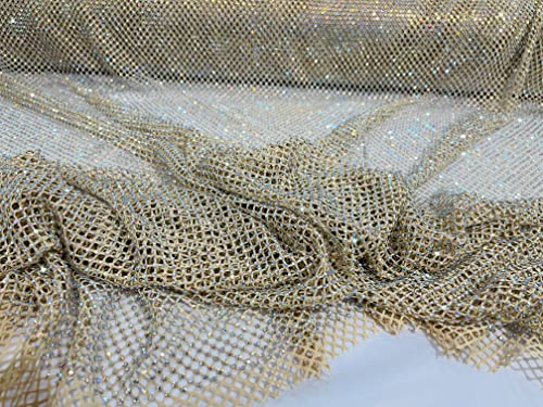 New Creations Fabric & Foam Inc, 45" Wide AB Iridescent Rhinestone On Soft Stretch Fish Net Fabric by The Yard (1 Yard, Iridescent Rhinestones on Nude Mesh) - color: Iridescent Rhinestones on Nude Mesh