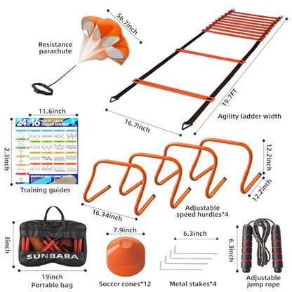 Sunbaba Agility Ladder Speed Training Equipment Set with 20ft Agility Ladder,4 Hurdles,12 Cones,Jump Rope,Running Parachute-Ideal Training Equipment for Youth Adults in Soccer Football Basketball