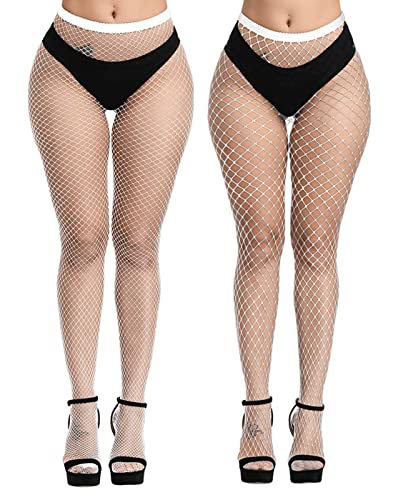 E-Laurels Womens High Waist Patterned Fishnet Tights Suspenders Pantyhose Thigh High Stockings Black - color: White M+l_hole