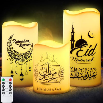 Tujoe 3 Pcs Eid Mubarak Flickering Flameless Candles Ramadan Decor Eid Mubarak LED Battery Operated Candles Candle Lights for Muslim Eid Ramadan Decor for Home(Moon) - style: Moon