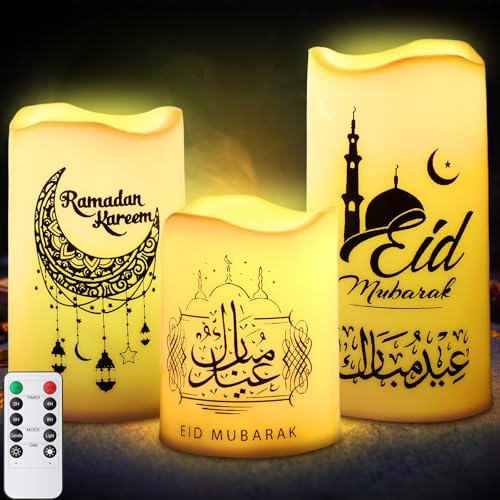 Tujoe 3 Pcs Eid Mubarak Flickering Flameless Candles Ramadan Decor Eid Mubarak LED Battery Operated Candles Candle Lights for Muslim Eid Ramadan Decor for Home(Moon) - style: Moon