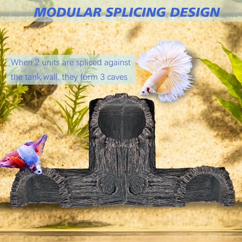 Fish Tank Decorations, 5.1" x 2" x 2.7" Resin Tree Bark Dual-Hole Aquarium Cave, Perfect Hiding Spot for Guppies, Neon Tetra, Cherry Shrimp