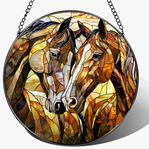 Stained Glass Window Hanging, 8 Inch Horse Suncatcher Ornament, Stained Glass Suncatchers for Windows Hanging, Horse Lover Gift for Women Men, Unique Window Decor for Birthday Christmas Housewarming - color: Horses