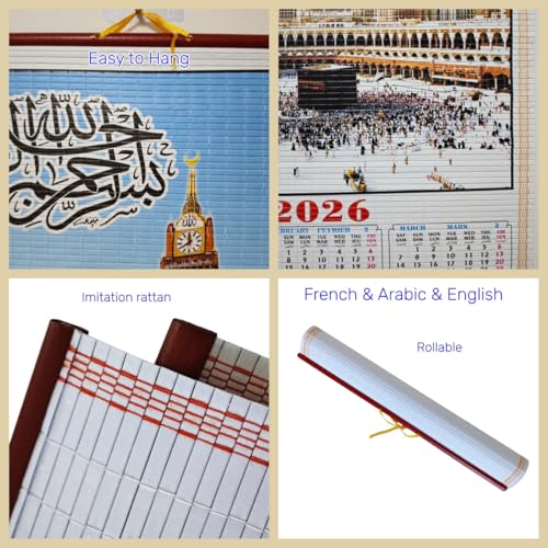 KYMY 2026 Arabic Wall Scroll Calendar, English French Arabic Muslim Multilingual Hanging Calendar, Islamic Mosque Imitation Rattan Wall Decor for New Year Home Office Door Decoration