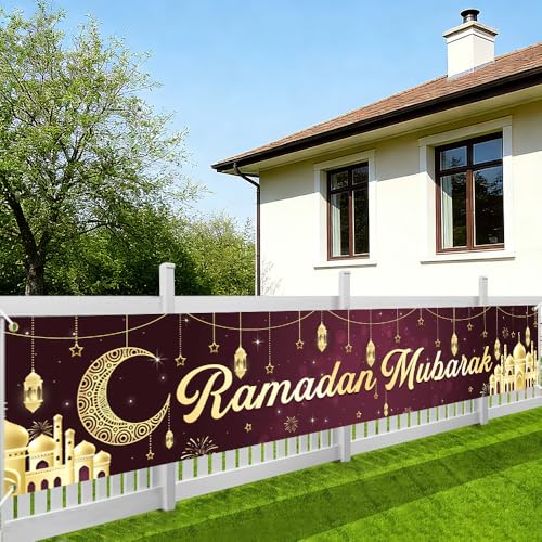 Eid Mubarak Banner Decorations, Pre-Tied Eid Mubarak Bunting Banner Party Supplies for Home Outdoor Umrah Mubarak Party Decor Moon Star Garland (Red Gold) - color: Red Gold