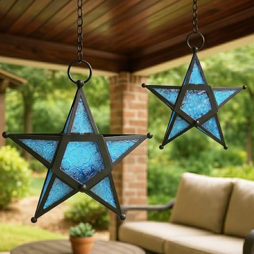 VELA LANTERNS Set of 2 Decorative Hanging Star Candle Lanterns – Moroccan Style Blue Glass & Metal Tealight Holders for Indoor, Outdoor, Patio, and Home Decor - color: Blue