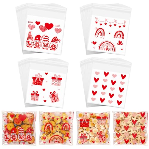 ZYLOP Valentines Cookie Bags - 100PCS 4x4 In Red Self-Sealing Valentine's Cellophane Treat Bags for Candy Snacks,Small Gifts, Clear Goodie Bags for Valentine's Day, Birthday, Party Favors - 2.8 Mil - color: Red Heart 100pcs
