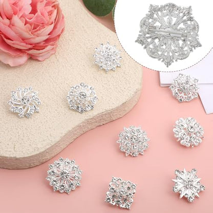 12 Pcs Crystal Rhinestone Flower Brooch Pins Set, Silver Brooch Pins for Women Alloy Wedding Bouquet Brooches for Women Fashion Crafts Embellishment Bridal Wedding Bouquet Kit