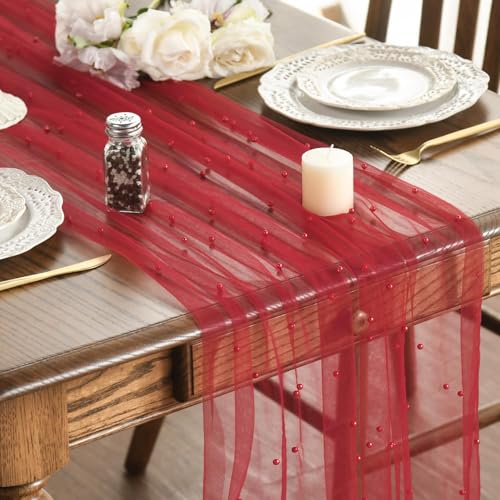 Artoid Mode Pearl Red Gauze Table Runner 10FT Home Decor - color: Red, size: 28" x 120"