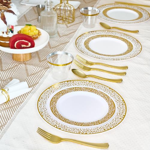 150 Count Gold Plastic Dinnerware Set, Elegant Disposable Include: 25 Gold Lace Plastic Plates, 25 Dessert Plates, 25 Forks, 25 Knives, 25 Spoons, 25 Cup, Ideal for Party, Birthday and Thanksgiving