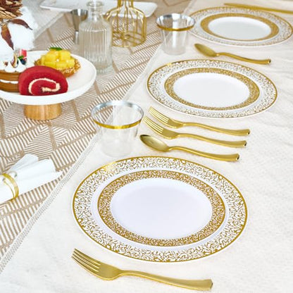 150 Count Gold Plastic Dinnerware Set, Elegant Disposable Include: 25 Gold Lace Plastic Plates, 25 Dessert Plates, 25 Forks, 25 Knives, 25 Spoons, 25 Cup, Ideal for Party, Birthday and Thanksgiving