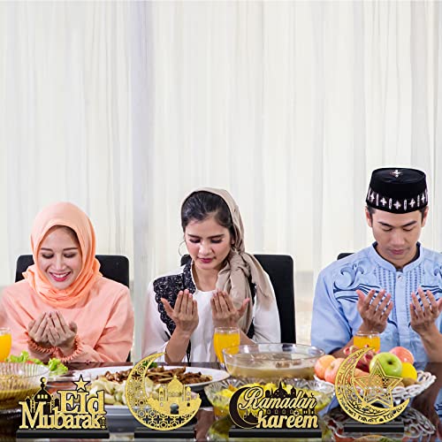 4pcs EID Mubarak Wooden Table Centerpiece Decorations EID Mubarak Wood Tiered Tray Signs Table Decor EID Mubarak Wooden Plaque Ornament Tabletop Signs for EID Ramadan Home Kitchen Gifts Supplies
