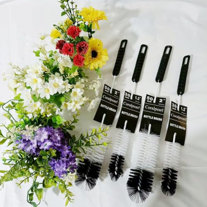 Bottle Brushes Thin Long Handle X 4, Soft Nylon Slim Wire Set | Big Small Bendable Flexible Utility Cleaner for Narrow Neck Water, Beer, Wine, Baby Bottles, Flasks, Pipes, Tubes & Hoses
