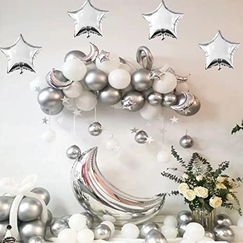 50pcs Silver Moon and Star Balloons,36"Moon Foil Balloons 18"10" Star Foil Balloons Four Pointed Star Balloon Mylar Balloon for Baby Shower Christmas Wedding Birthday Party - color: Silver Moon Star