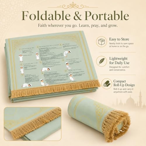 Muslim Prayer Rug: Complete Prayer Mat with Instructions, Takbir to Tasleem | Suede. Step-by-step muslim prayer rug with instructions. Home, travel, car, school. Great for beginners/kids/reverts. - color: Green