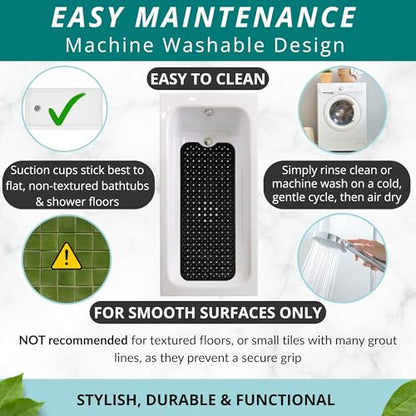 ENKOSI Non-Slip Bath & Shower Mat 40x16 Extra Long, Suction & Drain Holes | Black color; Durable PVC; 40x16 in, Black - color: Black