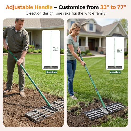 30"x10" Lawn Leveling Rake, Heavy Duty Lawn Leveler with 33"-77" Adjustable Handle, Foldable Ground Leveling Tool for Soil, Sand, Gravel, Ergonomic Design for Lawns, Golf Courses and Backyards