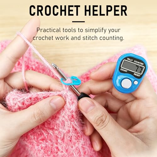 2 Pcs Tally Counters with 50 Pcs Stitch Markers, Resettable LCD Digital Finger Counter,Durable Smooth & Burr-Free Stitch Markers,for Crochet, Knitting, Weaving, Counting Tasks, Score, Coaching