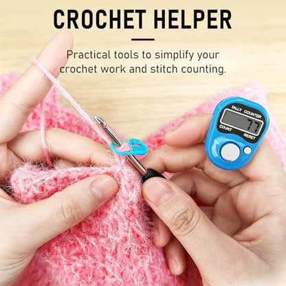 2 Pcs Tally Counters with 50 Pcs Stitch Markers, Resettable LCD Digital Finger Counter,Durable Smooth & Burr-Free Stitch Markers,for Crochet, Knitting, Weaving, Counting Tasks, Score, Coaching