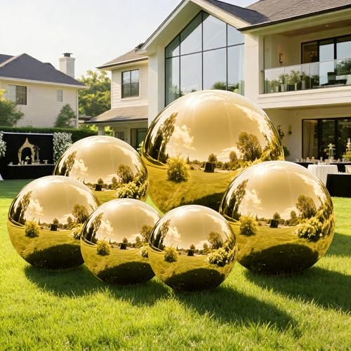 6PCS Gold Inflatable Mirror Ball Set,Reusable PVC Mirror Balls Large Event Decoration Hanging&Standing Balloon with Electric Pump for Event,Wedding,Party Decor(Gold, 6Pcs+Pump) - color: Gold, size: 6Pcs+Pump